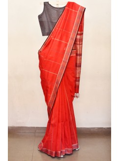 Red with beige, Handwoven Organic Cotton,Textured Weave , Jacquard, Work Wear Saree
